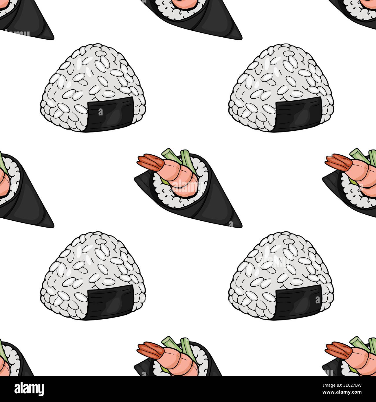 Schema vettoriale di cibo giapponese senza cuciture con onigiri e temaki di gamberi Illustrazione Vettoriale