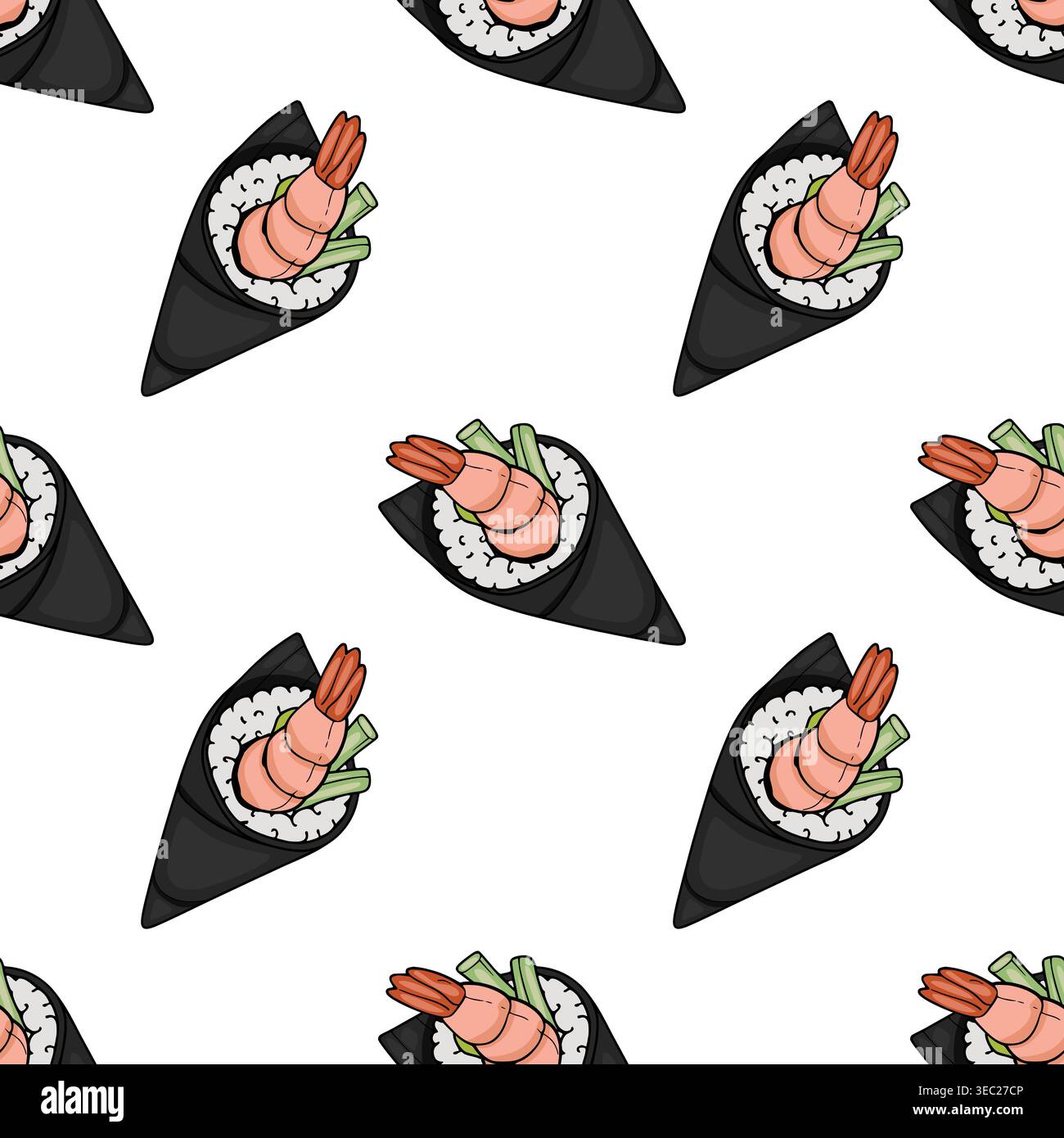 Motivo vettoriale senza cuciture di rotoli di sushi temaki disegnati a mano con gamberi e avocado, perfetto per sfondi alimentari e stampe tessili. Illustrazione Vettoriale