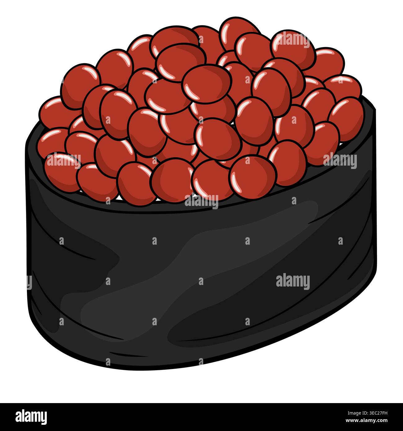 Illustrazione di sushi vettoriale, ikura gunkan maki con uova rosse lucide su nori neri Illustrazione Vettoriale