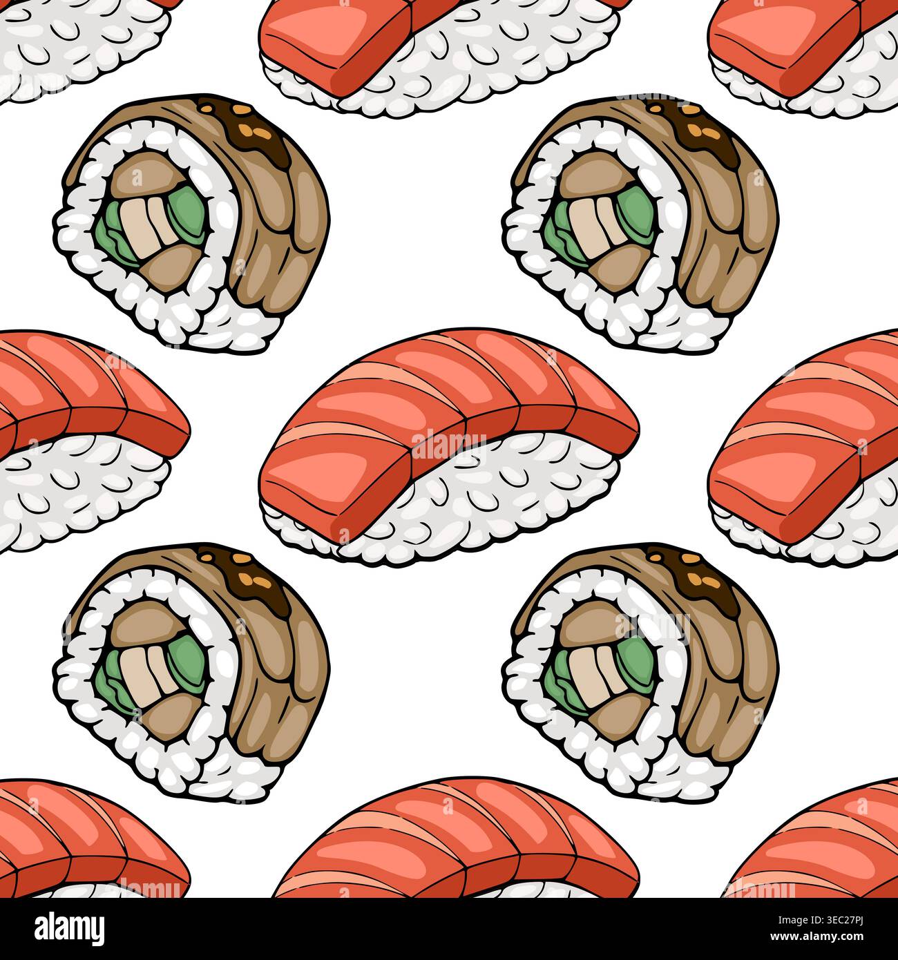 Fantasia vettoriale senza cuciture di deliziosi sushi roll giapponesi e nigiri con salmone e anguilla Illustrazione Vettoriale