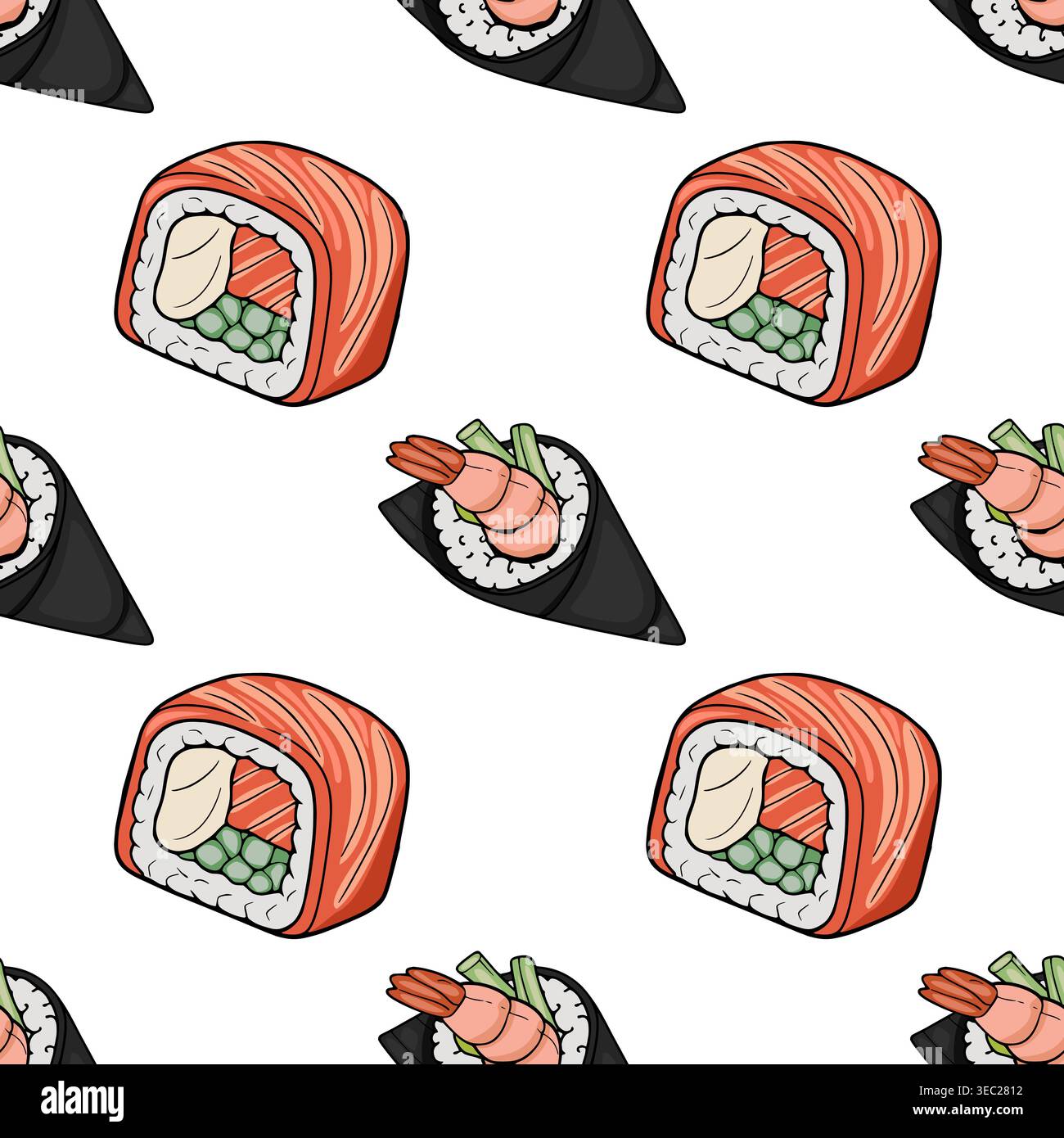Motivo vettoriale senza cuciture di deliziosi sushi roll giapponesi e temaki con salmone e gamberi, perfetto per i design a tema alimentare. Illustrazione Vettoriale