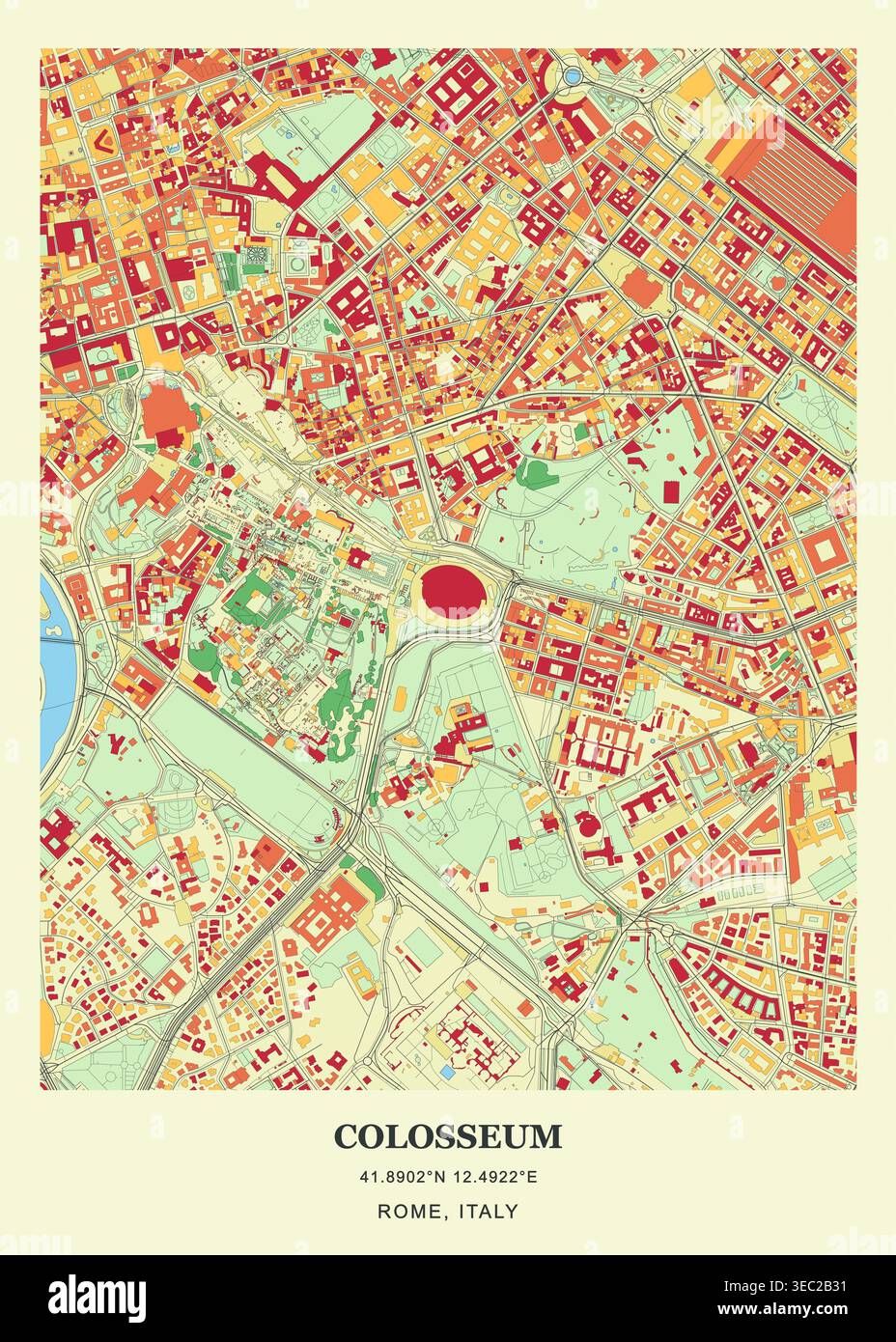 Vivace mappa urbana e layout architettonico del Colosseo e del quartiere dell'Antica Roma a Roma, Italia. Illustrazione Vettoriale