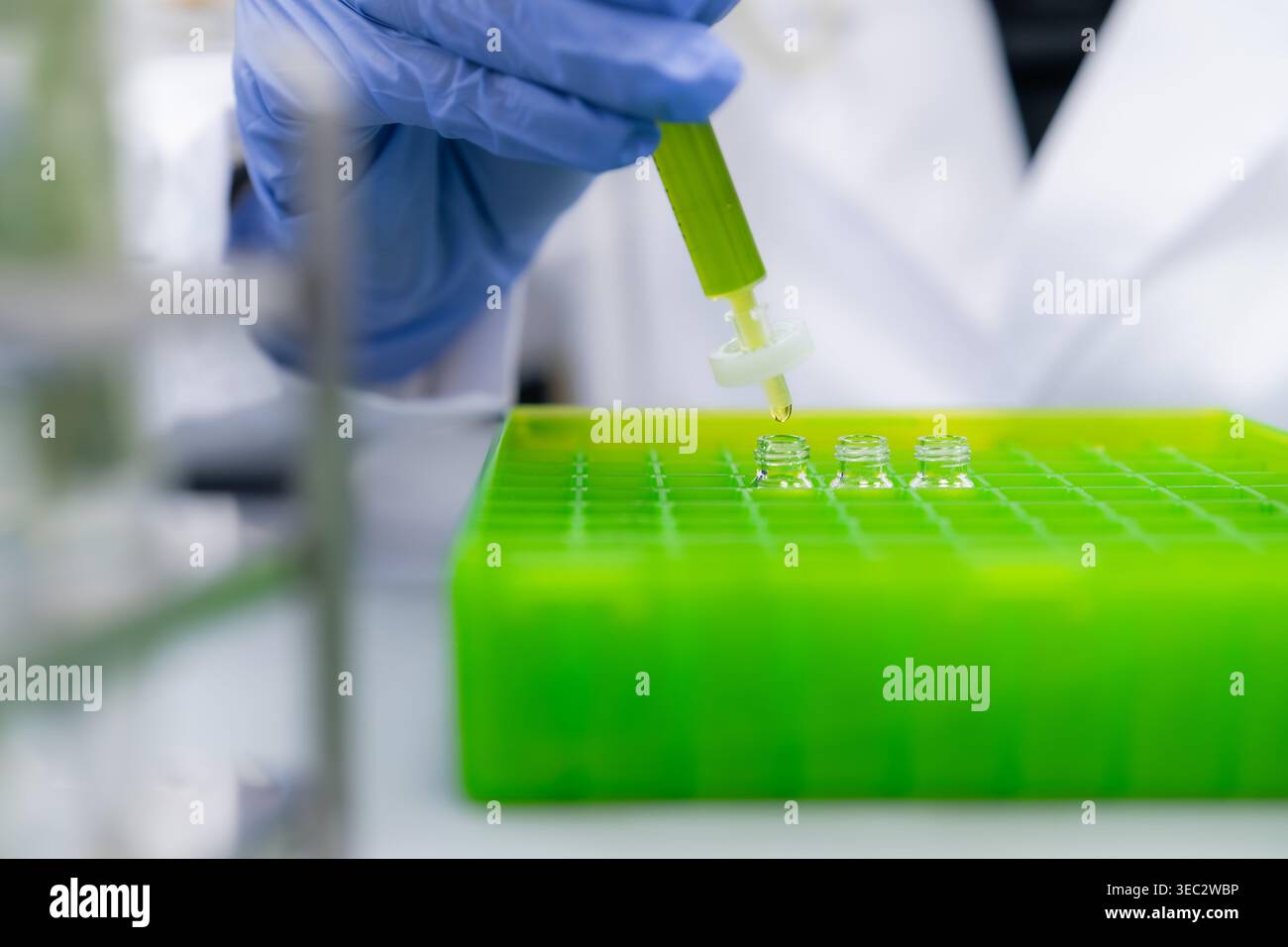 Il tecnico di laboratorio filtra l'estratto vegetale in HPLC vilas in un rack per provette per microcentrifuga verde Foto Stock