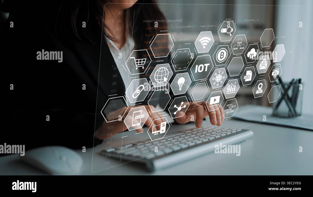 L'INTELLIGENZA ARTIFICIALE e l'IoT formano un'infrastruttura digitale intelligente che collega dati, connettività, analisi, blockchain, cloud, e sistemi di sicurezza in un'unica soluzione Foto Stock