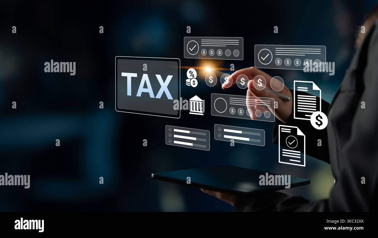 Un approccio pratico e professionale alla gestione delle tasse utilizzando tecnologie digitali avanzate presentate su uno schermo tablet, migliorando la precisione finanziaria e. Foto Stock