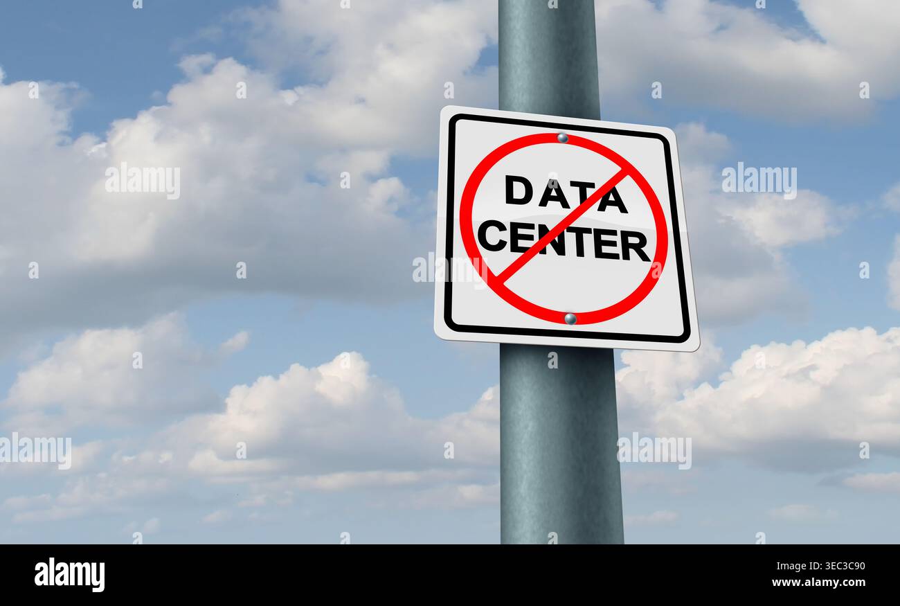 Il divieto dei data center e i data center protestano come segno di rivolta pubblica contro le grandi installazioni tecnologiche come una politica che limita o proibisce Foto Stock