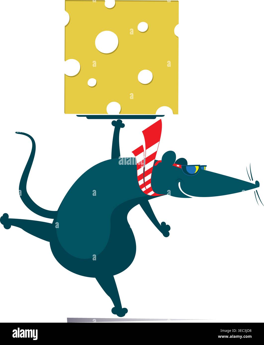 Un topo o un topo carino che regge un pezzo di formaggio. Topo cartoni animati o topo con una grossa fetta di formaggio Illustrazione Vettoriale