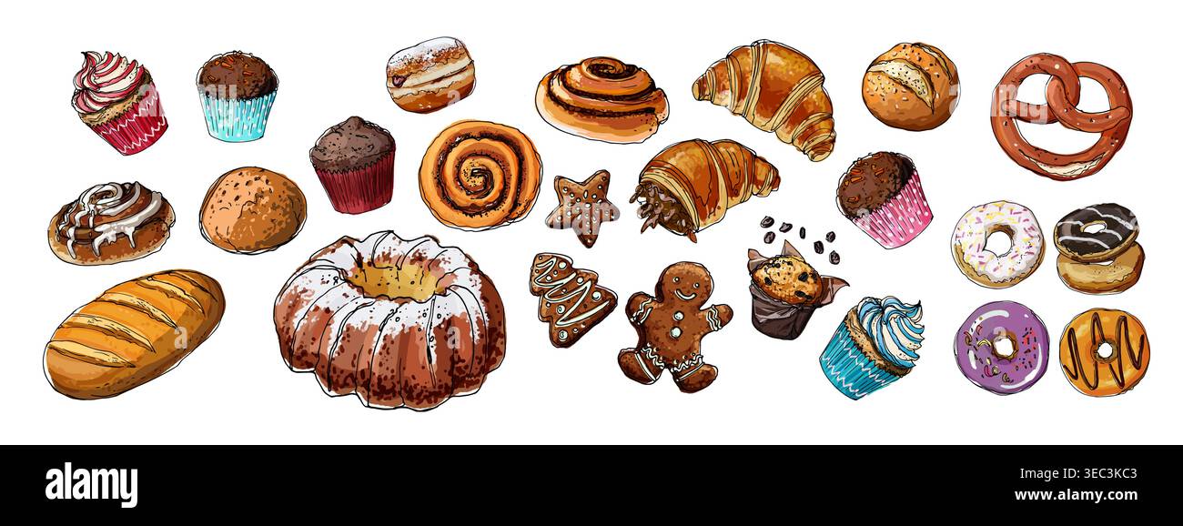 Cibo vettoriale pane e pasticcini, panini, ciambelle, croissant Illustrazione Vettoriale
