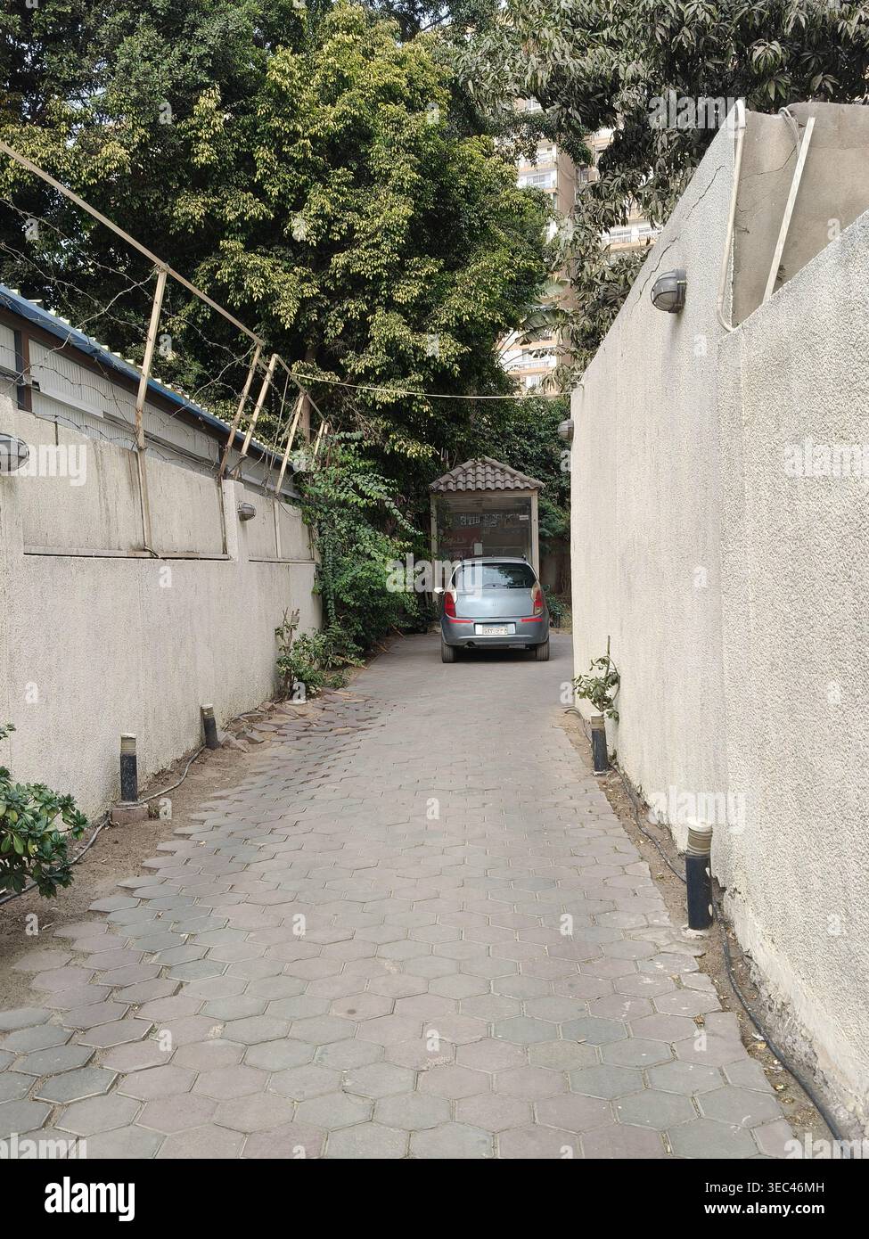 Heliopolis, Governatorato del Cairo, 21 gennaio 2026, accogliente ingresso al CairoScan Radiology Labs Building incorniciato da alberi verdi con un'auto parcheggiata - Immagine stock catturata con smartphone