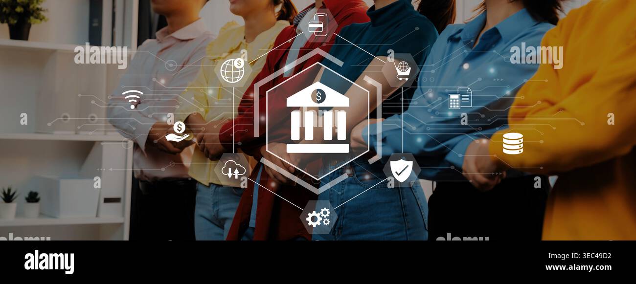 I servizi finanziari migliorano l'infrastruttura bancaria digitale, le transazioni sicure e l'analisi dell'integrazione di rete Foto Stock