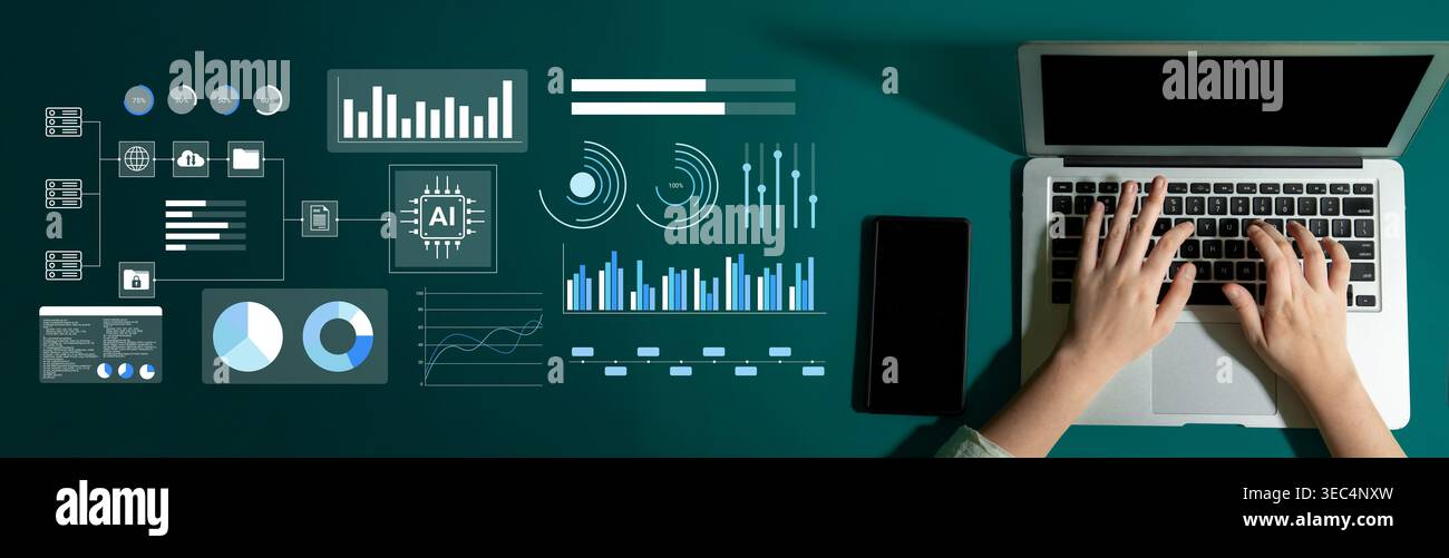 Vista dall'alto verso il basso della digitazione manuale su un notebook circondata da dati grafici ed elementi di analisi, che rappresentano l'integrazione della tecnologia nel business Foto Stock