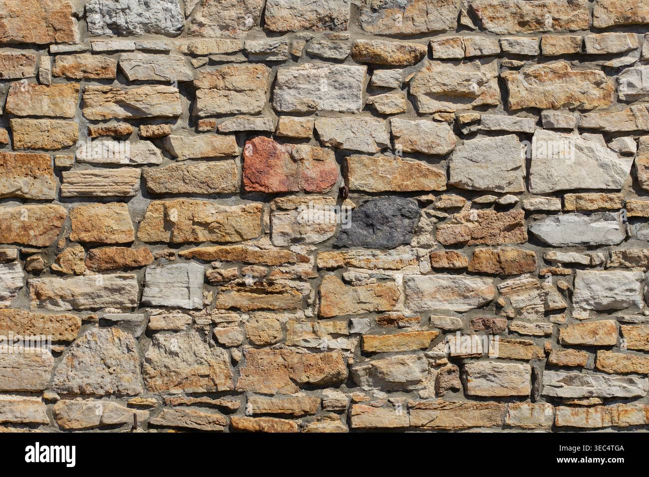 Pareti in pietra ruvida con varie dimensioni e sfumature naturali. Le pietre formano una superficie robusta e resistente agli agenti atmosferici. Le texture mostrano l'età e la maestria artigianale. Ideale per gli architetti Foto Stock