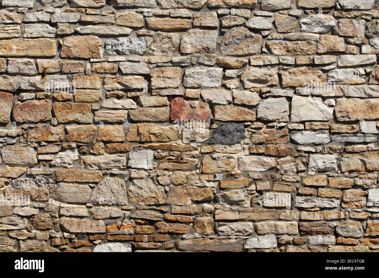 Pareti in pietra ruvida con varie dimensioni e sfumature naturali. Le pietre formano una superficie robusta e resistente agli agenti atmosferici. Le texture mostrano l'età e la maestria artigianale. Ideale per gli architetti Foto Stock