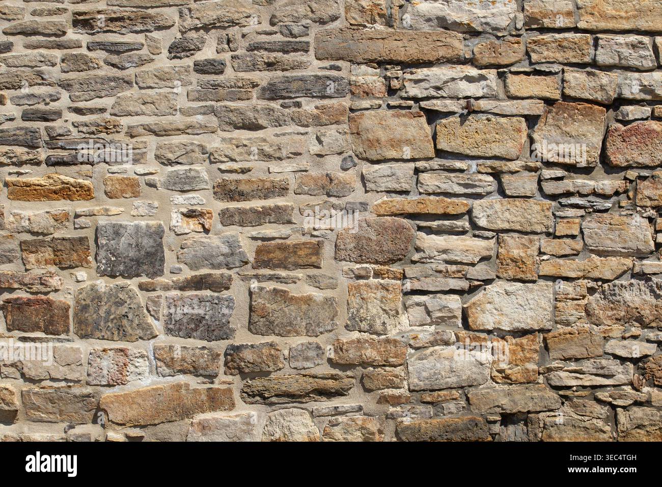 Pareti in pietra ruvida con varie dimensioni e sfumature naturali. Le pietre formano una superficie robusta e resistente agli agenti atmosferici. Le texture mostrano l'età e la maestria artigianale. Ideale per gli architetti Foto Stock