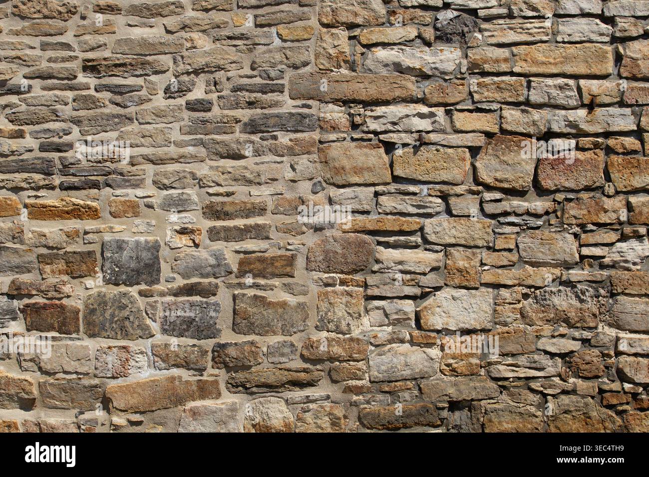 Pareti in pietra ruvida con varie dimensioni e sfumature naturali. Le pietre formano una superficie robusta e resistente agli agenti atmosferici. Le texture mostrano l'età e la maestria artigianale. Ideale per gli architetti Foto Stock