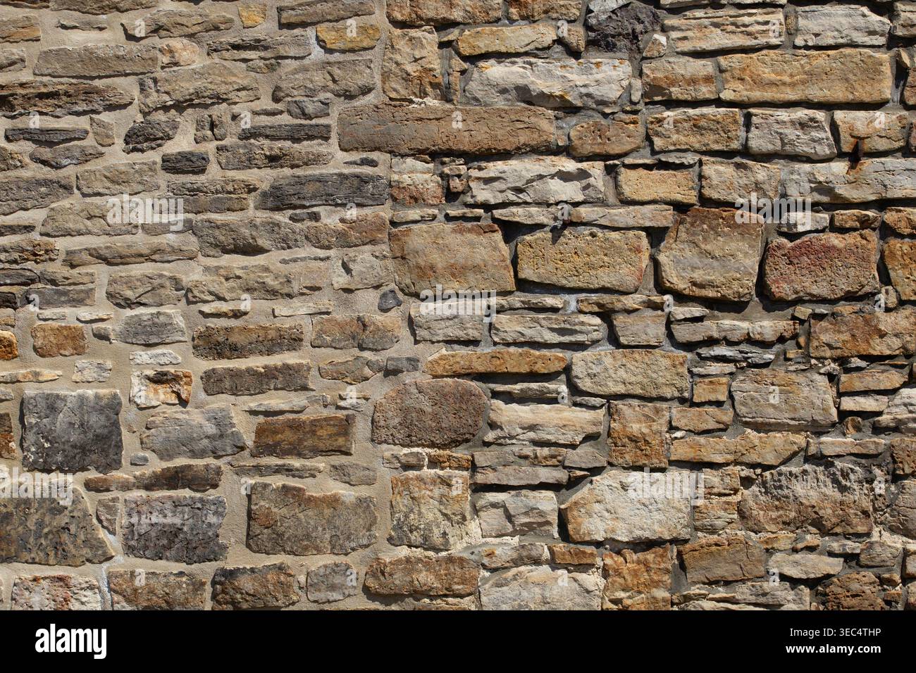 Pareti in pietra ruvida con varie dimensioni e sfumature naturali. Le pietre formano una superficie robusta e resistente agli agenti atmosferici. Le texture mostrano l'età e la maestria artigianale. Ideale per gli architetti Foto Stock