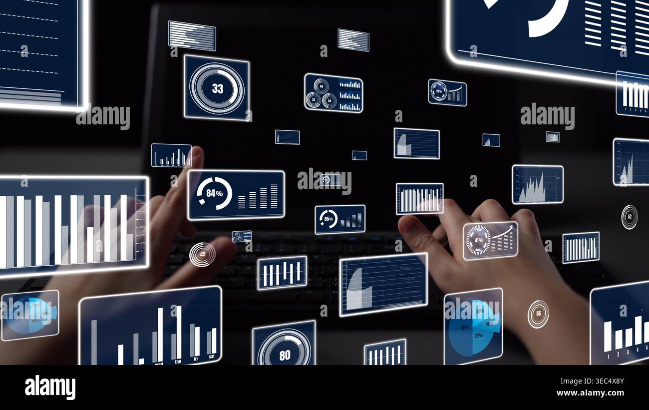 Coinvolgente visuale delle mani che interagisce con un notebook che mostra vari grafici e grafici digitali, simboleggiando l'analisi moderna dei dati e l'intelligenza Foto Stock