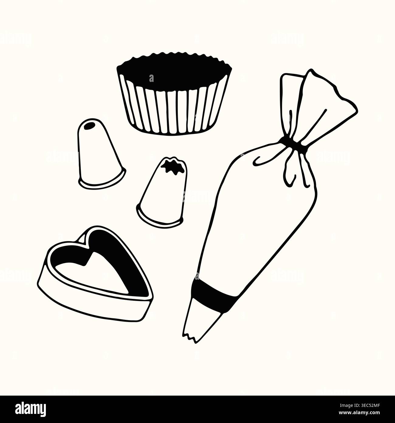 Un kit completo per la decorazione di torte con un sacchetto per tubazioni, diversi ugelli, una fodera per cupcake, una forma a cuore è disegnata in uno stile artistico dalle linee pulite. Vettore Illustrazione Vettoriale