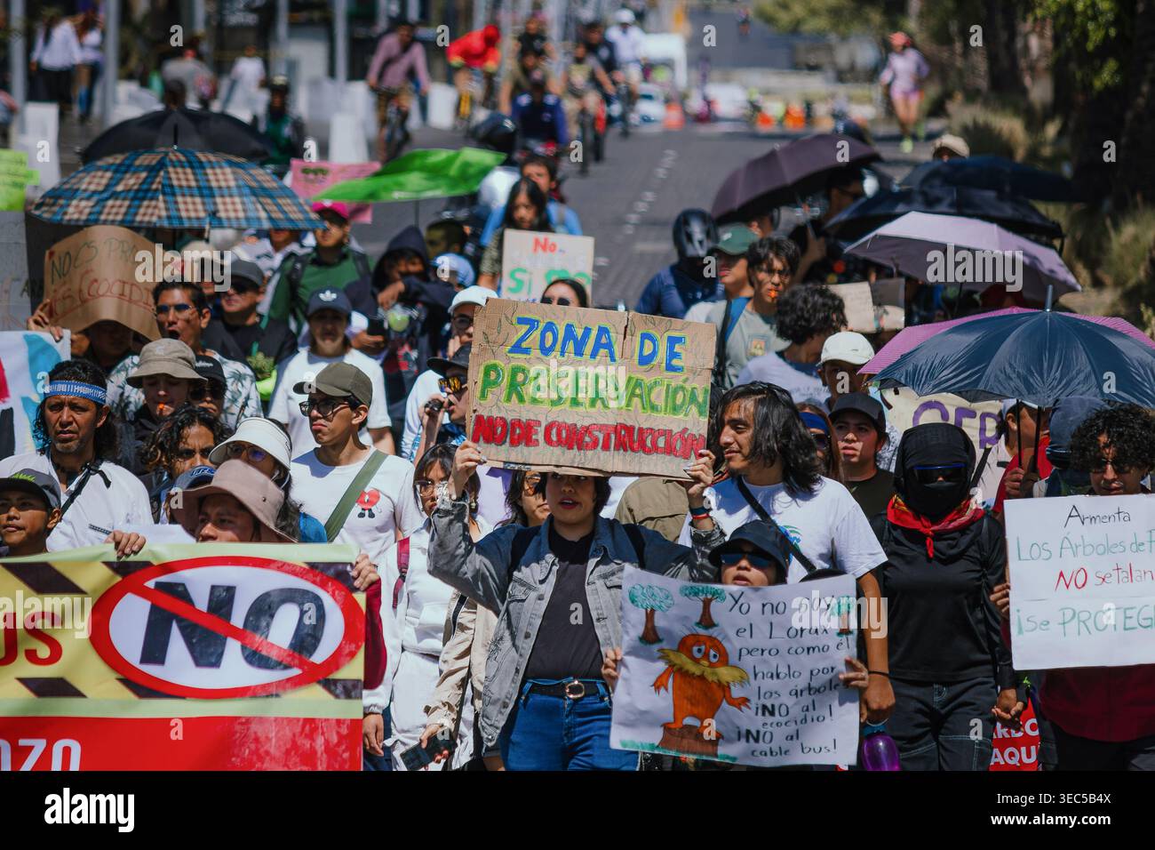 Una grande folla di manifestanti marcia per le strade di Puebla con striscioni e cartelli rivolti al governatore Alejandro Armenta Foto Stock