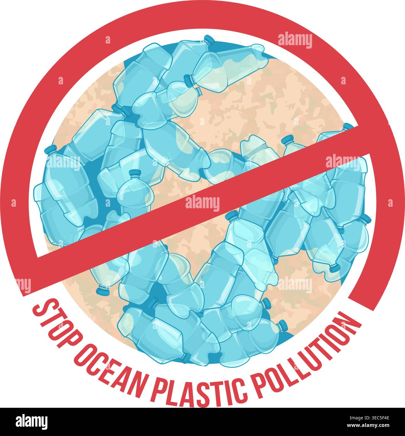 Globo cosparso di detriti di plastica, copertura di divieto rossa, sigillatura del messaggio di inquinamento da plastica dell'oceano, Illustrazione Vettoriale