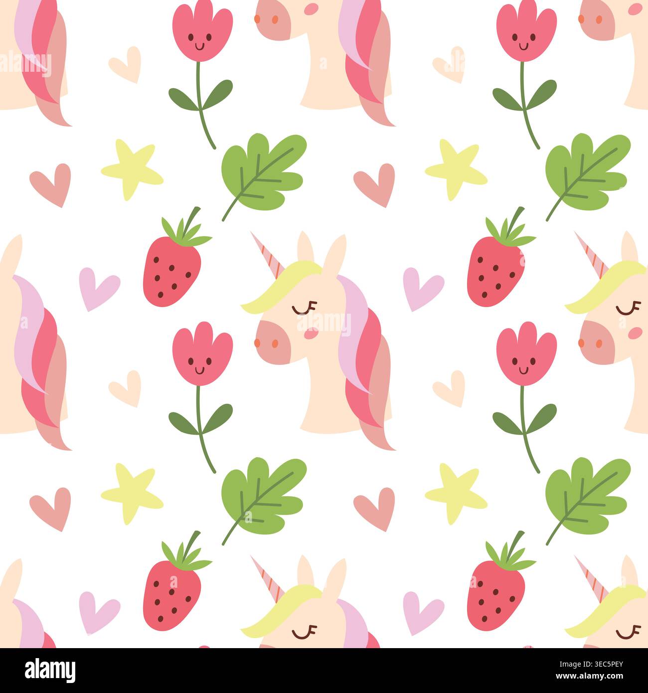 Motivo senza cuciture con unicorno, tulipani e doodle di fragole Illustrazione Vettoriale