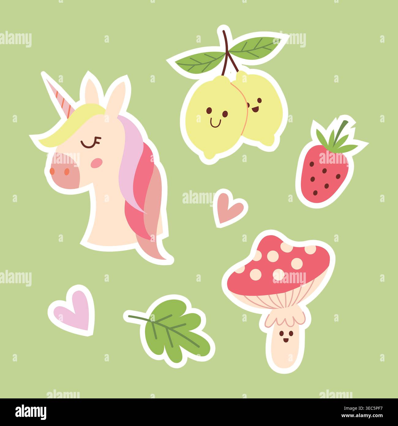 Confezione di adesivi Kawaii con simpatici unicorno e limoni Illustrazione Vettoriale
