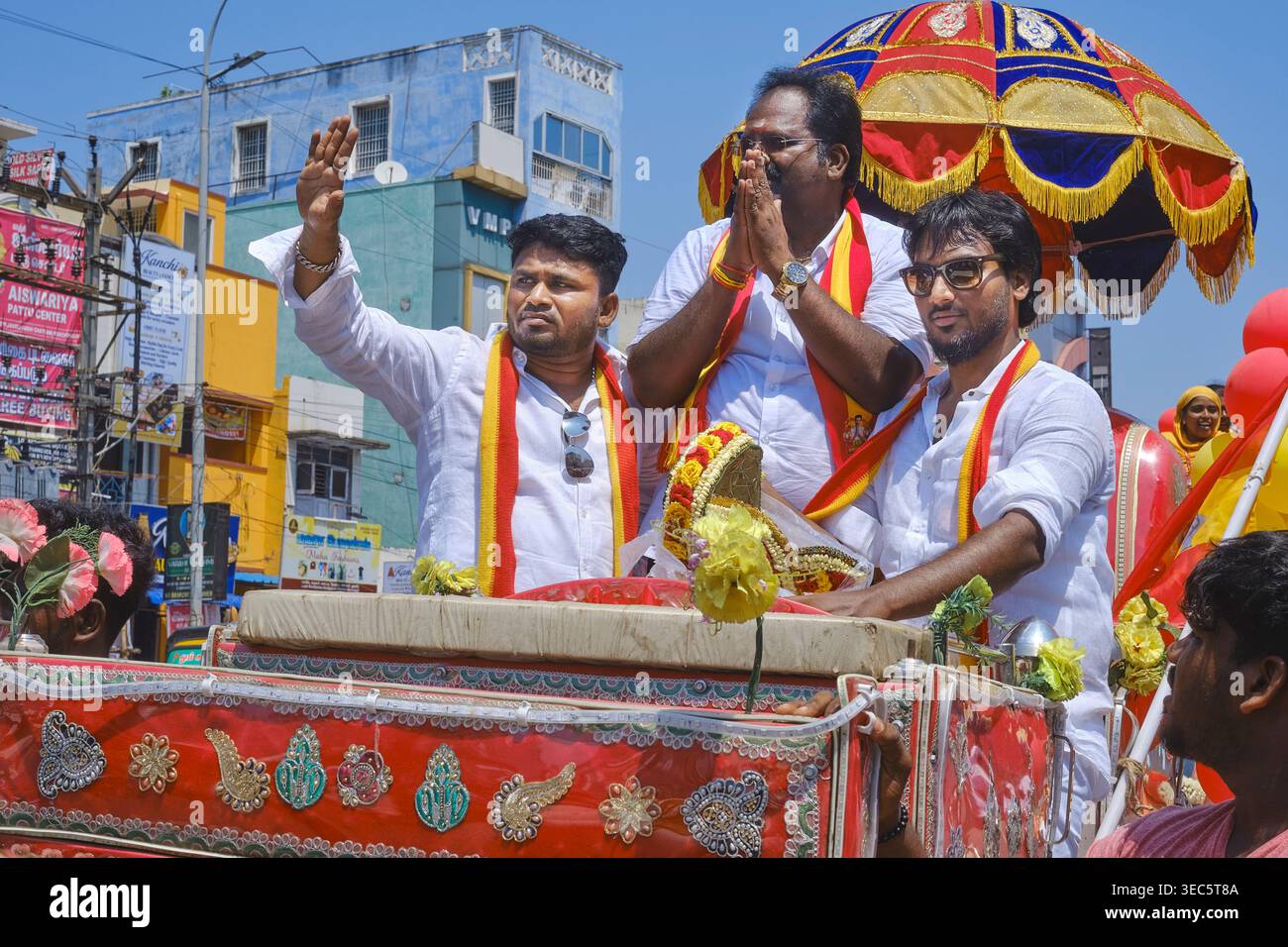 Una manifestazione del partito Tamil Nadu TVK (Tamilaga Vettri Kazhagam) a Kanchipuram, Tamil Nadu, India, in vista delle elezioni dell'Assemblea legislativa del 2026 Foto Stock