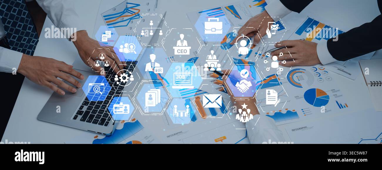 Le icone della ricerca di lavoro mostrano il reclutamento, la gestione delle risorse umane e la crescita della carriera dei dipendenti. La ricerca di un lavoro aiuta le organizzazioni ad assumere talenti, la ricerca di un lavoro supporta le competenze Foto Stock