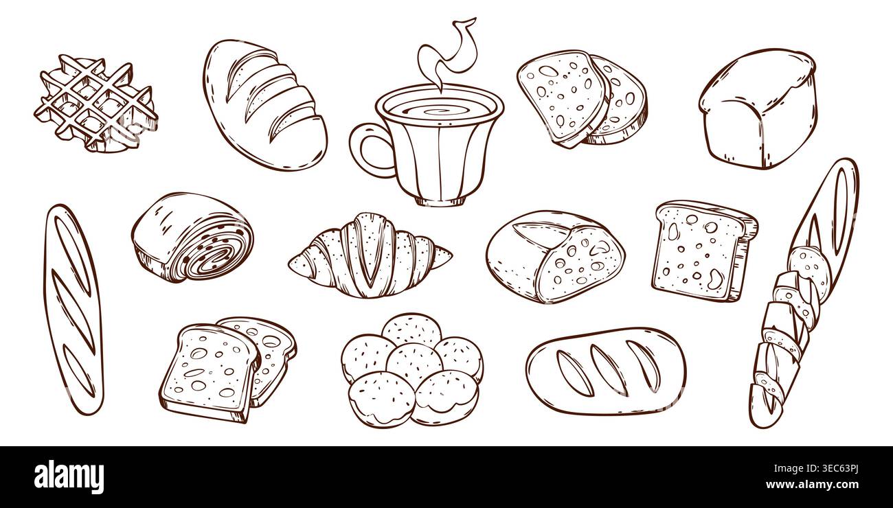 Disegna le icone dei panifici con scarabocchi isolate su sfondo bianco. Illustrazioni vettoriali di baguette fresca, tazza di caffè, brioche, croissant e waffle, stravaganti elementi disegnati a mano per il menu della colazione Illustrazione Vettoriale
