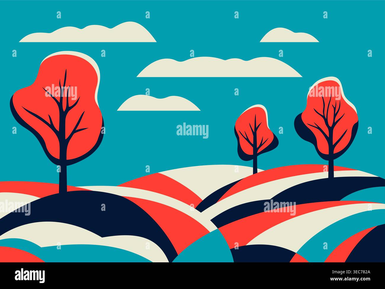 Paesaggio ecoregionale con cieli rosa, pieno di alberi e splendidamente dipinto in uno stile pittoresco Illustrazione Vettoriale