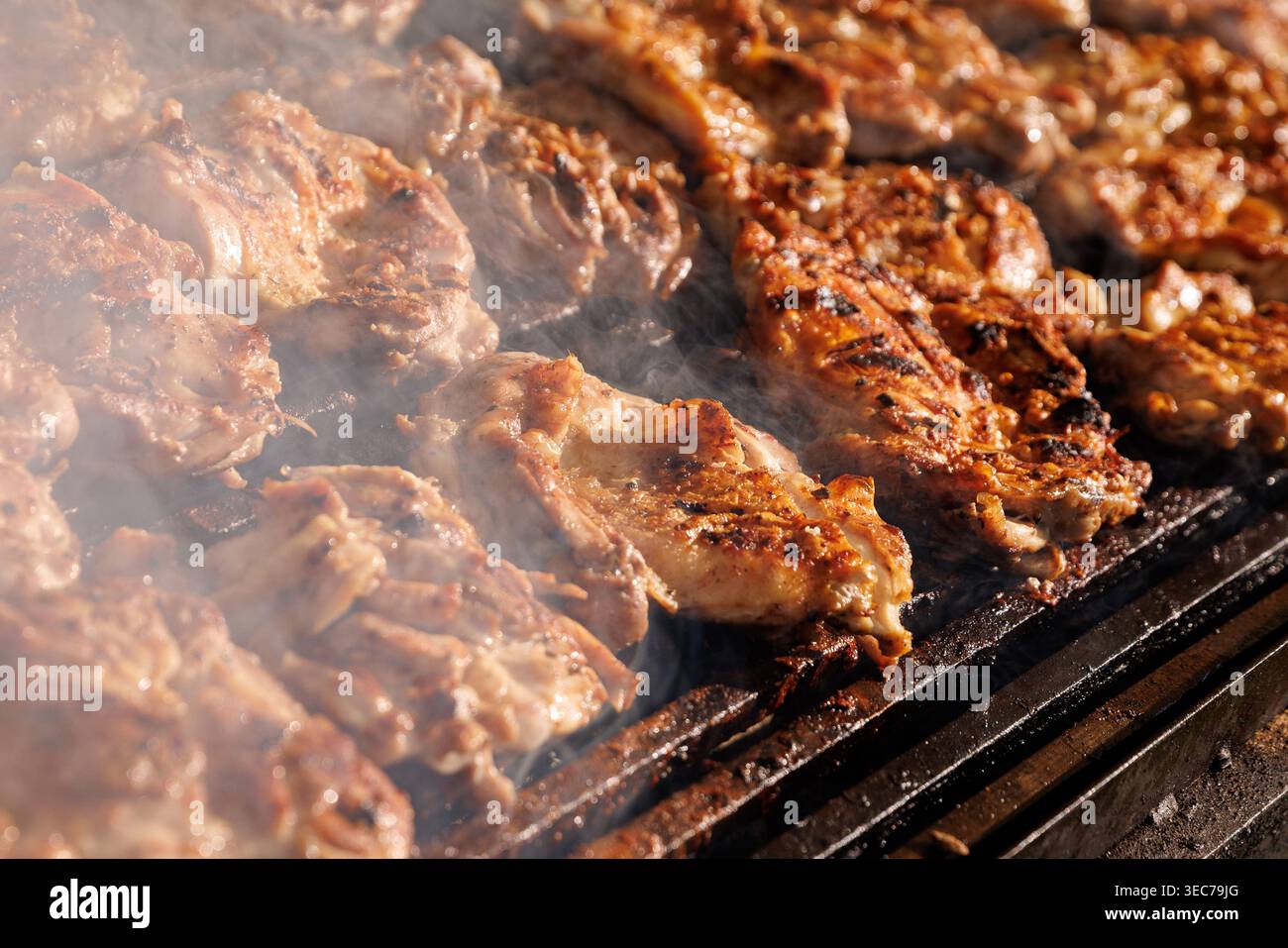 Un primo piano di pezzi di carne conditi arrostiti su una griglia metallica durante un evento. Foto Stock