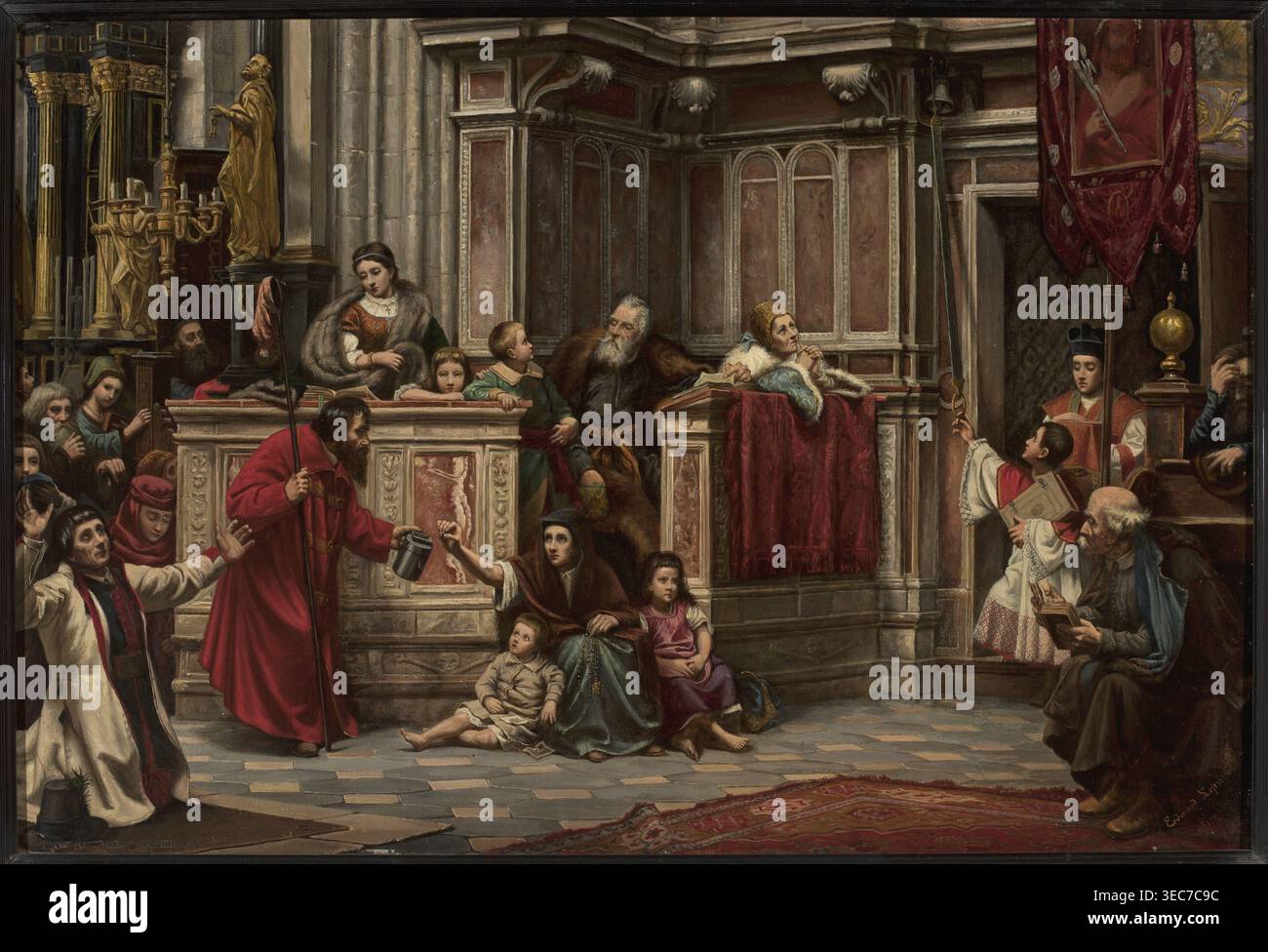Scena in una chiesa — sacrificio di Edward Lepszy 1855–1932, pittore; scena di genere interno figurativo della chiesa in stile accademico, pittura ad olio, prima del 1900; dimensioni: Altezza 61 cm, larghezza 90 cm., Una scena all'interno di un interno ornato mostra un gruppo di persone riunite intorno a una piattaforma in pietra rialzata con pannelli scolpiti e tendaggi rossi; alcuni bambini siedono sul pavimento e sulla piattaforma, un bambino a piedi nudi con abiti leggeri e un'altra ragazza con un vestito rosa accanto a una donna seduta che indossa indumenti scuri e color verde acqua e una copertura marrone per la testa, mentre un uomo con una lunga veste rossa regge un bastone e un contenitore Foto Stock