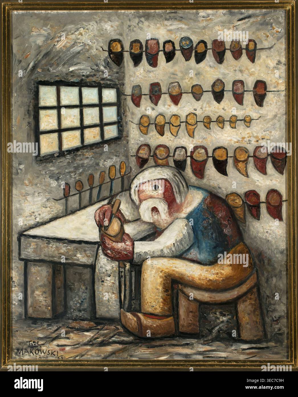 The Shoemaker - le Sabotier, Makowski, Tadeusz 1882-1932 pittore, pittura contemporanea, periodo tra le due guerre, figure maschili, figure in un interno, stile École de Paris. All'interno dell'officina di un calzolaio, a un tavolo basso si trova la figura di un uomo in una giacca blu e zoccoli. La sua testa con i capelli bianchi e i baffi rovesciati bianchi è girata a metà verso lo spettatore. Sopra di lui, sul muro in cinque file, gli zoccoli sono appesi; sull'altro muro una finestra barrata. 1930, Parigi. Pittura. Altezza 100,5 cm, larghezza 81 cm; con telaio: Altezza 118 cm, larghezza 98 cm, spessore 9 cm., una scena interna dipinta in tenue Foto Stock