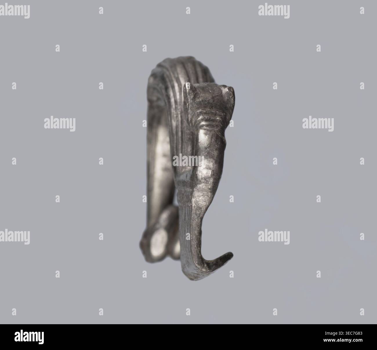 Fibula con testa di serpente, laboratorio sconosciuto dell'Italia meridionale. Fibula con un cerchio arcuato e spesso. L'anello è terminato su un lato con una spirale di imitazione e sull'altro lato collegato alla parete rettangolare della guaina, piegata nella parte inferiore. Una gamba cilindrica si estende dalla guaina, piegata verso il cerchio, terminando con la testa di un serpente. Il cerchio è decorato con numerose linee incise longitudinalmente. Condizione: Corrosione, ago mancante. V-IV secolo a.C., Italia meridionale. Materiali: argento. Iconografia: Serpente. Funzione: Fibula., Un primo piano di un oggetto metallico a forma di testa di animale curva Foto Stock