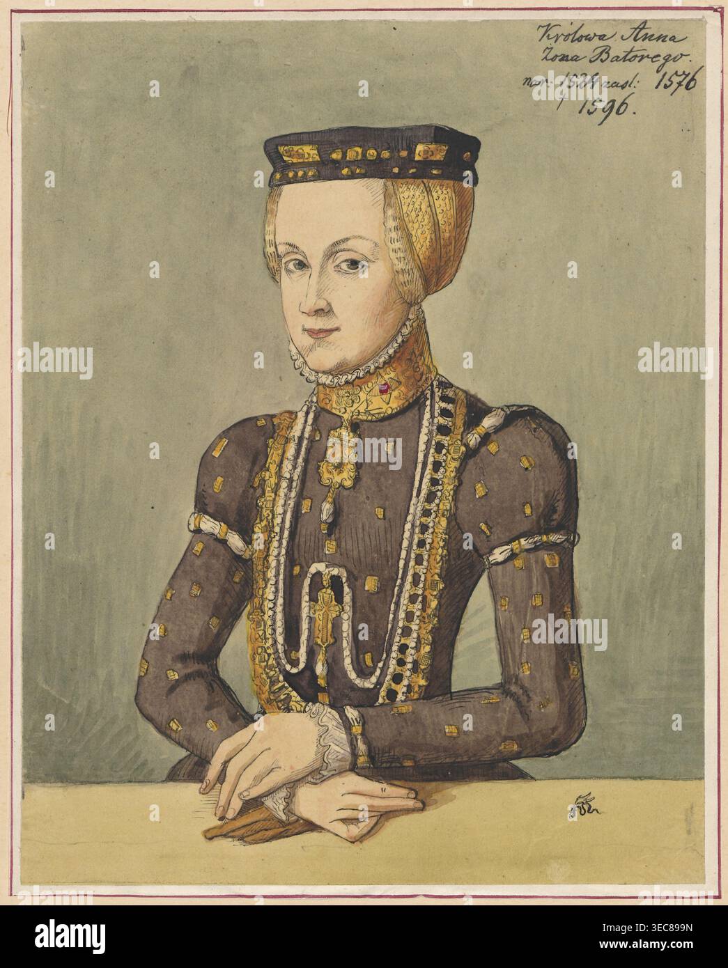 Ritratto a mezza lunghezza della regina Anna Jagellone del 1550 circa, dopo un dipinto della bottega di Lucas Cranach il giovane Lucas Cranach il giovane, 1515–1586 — autore originale attribuito; disegno di Aleksander Lesser 1814–1884. Oggetto: Anna Jagellon 1523-1596. stile del xvi secolo, ritratto / ritratto delle donne. Disegnare su carta da ricalco con l'intera superficie attaccata a carta di dimensioni simili, incollata su un'altra carta leggermente più grande, che è stata poi incollata con il bordo superiore al cartone. Data del disegno: Circa 1830–1884. Supporto: Disegno. Dimensioni - disegno: Altezza 21,8 cm, larghezza Foto Stock