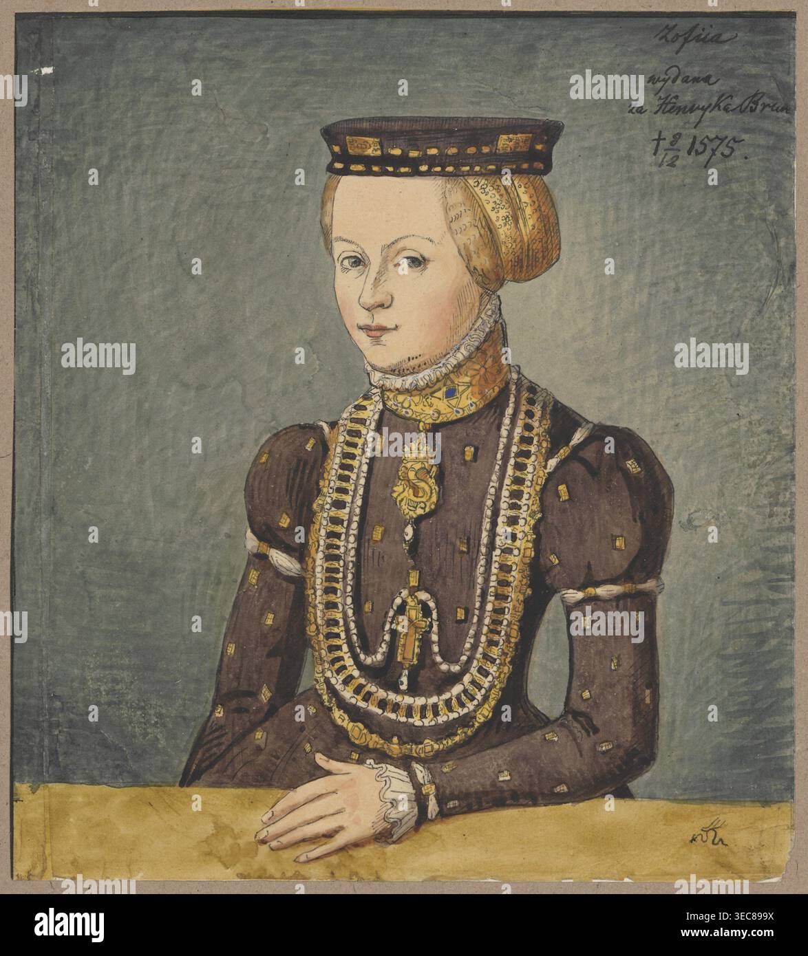 Ritratto di Zofia Jagiellon a mezza lunghezza, dopo un dipinto della bottega di Lucas Cranach il giovane; Lucas Cranach il giovane 1515–1586 — autore dell'originale; Aleksander Lesser 1814–1884 — disegnatore/autore; Zofia Jagiellonka 1522–1575, principessa; soggetto del XVI secolo; ritratto di una donna; iconografia: Zofia Jagiellonka; disegno, acquerello su cartone; disegno: Altezza 20,9 cm, larghezza: 18,7 cm; altezza 35,7 cm, larghezza 25,9 cm, ritratto di una donna seduta che indossa un abito marrone scuro con maniche a soffietto decorato con piccoli dettagli quadrati e rifinito di bianco ai polsini, Foto Stock