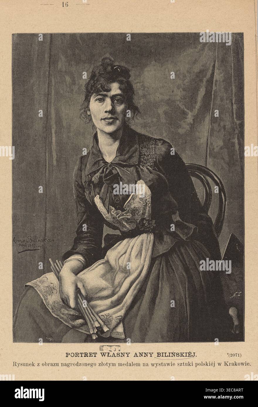 Riproduzione di un dipinto: Anna Bilińska-Bohdanowicz 1857–1893, Autoritratto; riproduzione xilografica di Andrzej Zajkowski 1851–1914; pittura; pittura polacca; riproduzione di un'opera d'arte; autoritratto; pittrice femminile; ritratto di una donna; ritratto di un'artista femminile; strumenti di pittura; grafica; 1888; Varsavia., una donna seduta con capelli scuri rifiniti e ricci morbidi intorno al viso indossa un abito scuro con un fiocco al colletto e un grembiule chiaro avvolto sulle ginocchia; si siede su una sedia di legno curva e tiene un fascio di bastoncini o spazzole sottili, mentre un panno piegato poggia sul ginocchio. Il Foto Stock