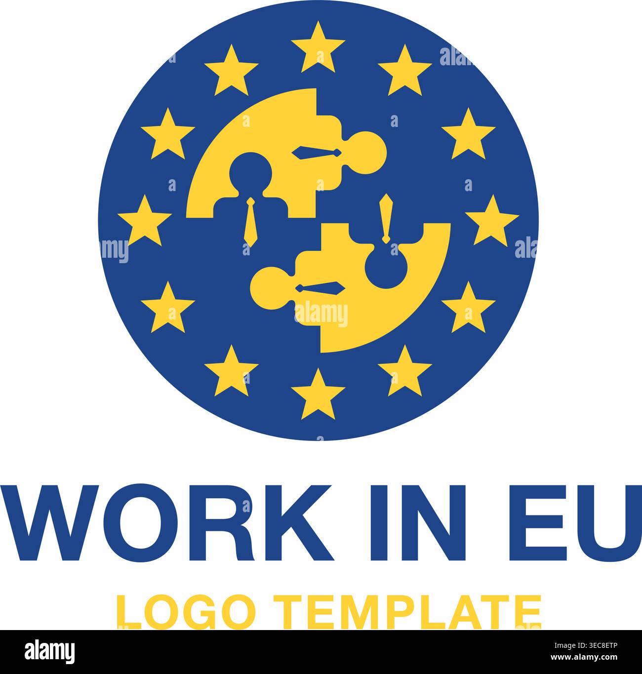 Lavorare nel modello del logo UE - reclutamento del personale per ospiti che lavorano nell'Unione europea - bandiera Euaro e persone come puzzle - emblema vettoriale isolato Illustrazione Vettoriale