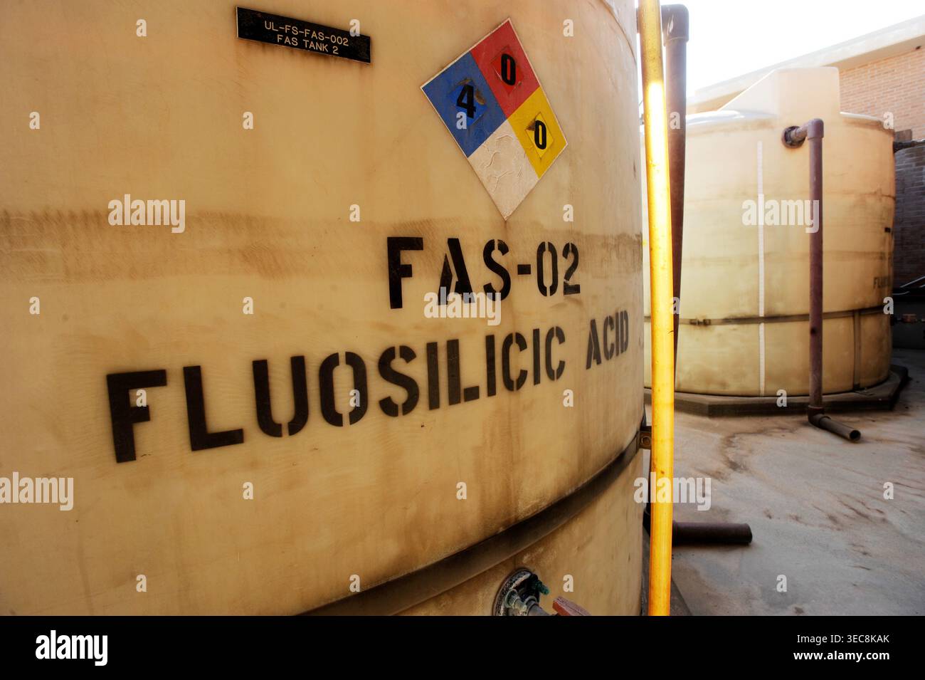 Serbatoi di acido fluosilicico presso il Davis Water Treatment Plant, Austin, Texas, 18 novembre 2009. (Foto di John Anderson/The Austin Chronicle) Foto Stock