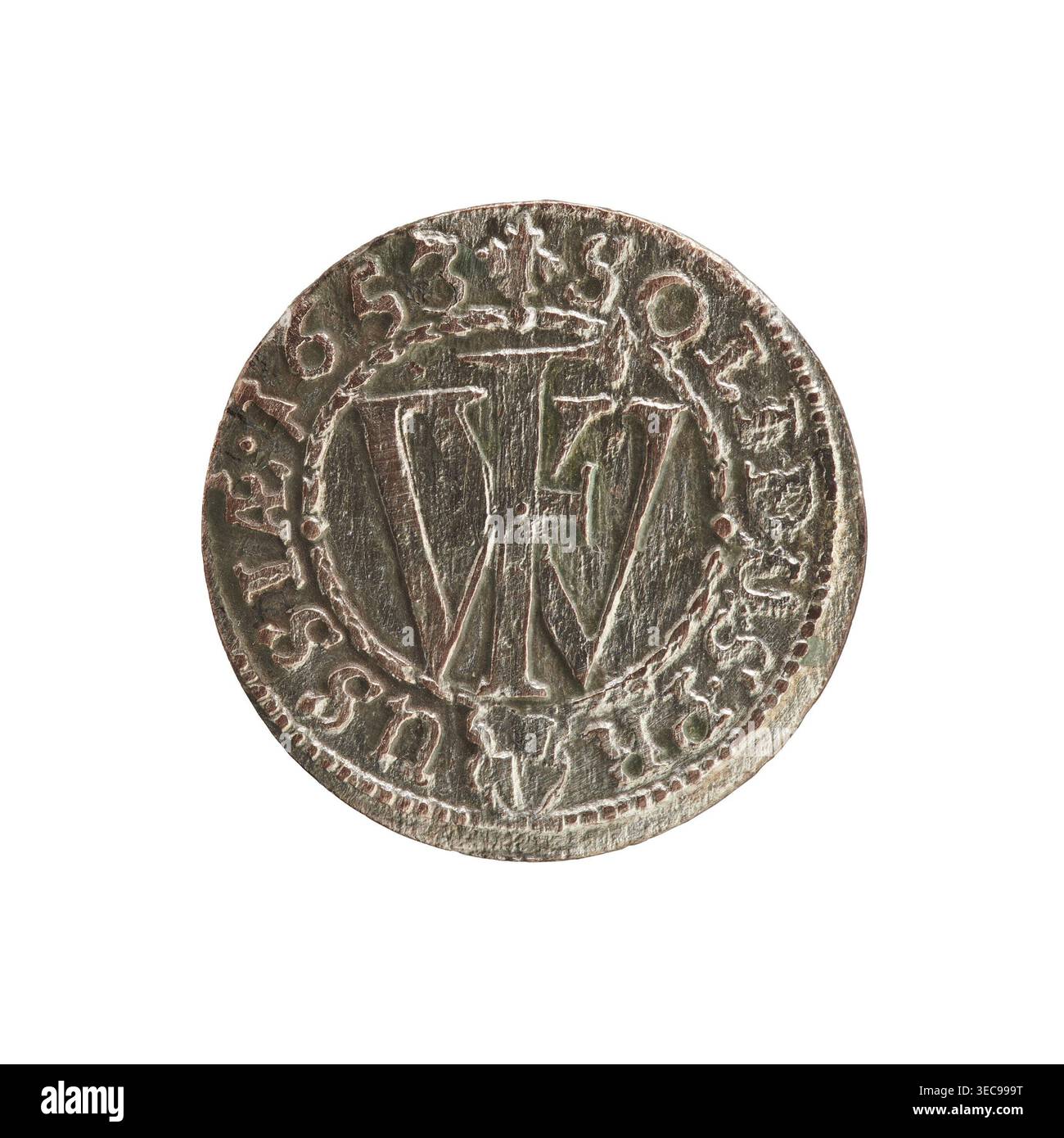 szeląg, croce (iconografica), aquile, Federico Guglielmo i Hohenzollern (grande Elettore di Brandeburgo; Principe di Prussia; 1620-1688), Hohenzollern (stemma). Obv.: Aquila prussiana, sul petto un monogramma composto dalle lettere IC. Nel bordo, tra i bordi delle perle, un'iscrizione che inizia con una mitra principesca FRID.WILH.Mar.BR.SRIPR.E. Rev.: Monogramma composto dalle lettere FW che separano il bordo interno. Sul bordo un'iscrizione che inizia con una croce, divisa dallo stemma di Hohenzollern +SOLIDUS.PR - USSIAE.1653. 1653, Prussia Ducale (1525–1701), Königsberg. Moneta; diametro Foto Stock