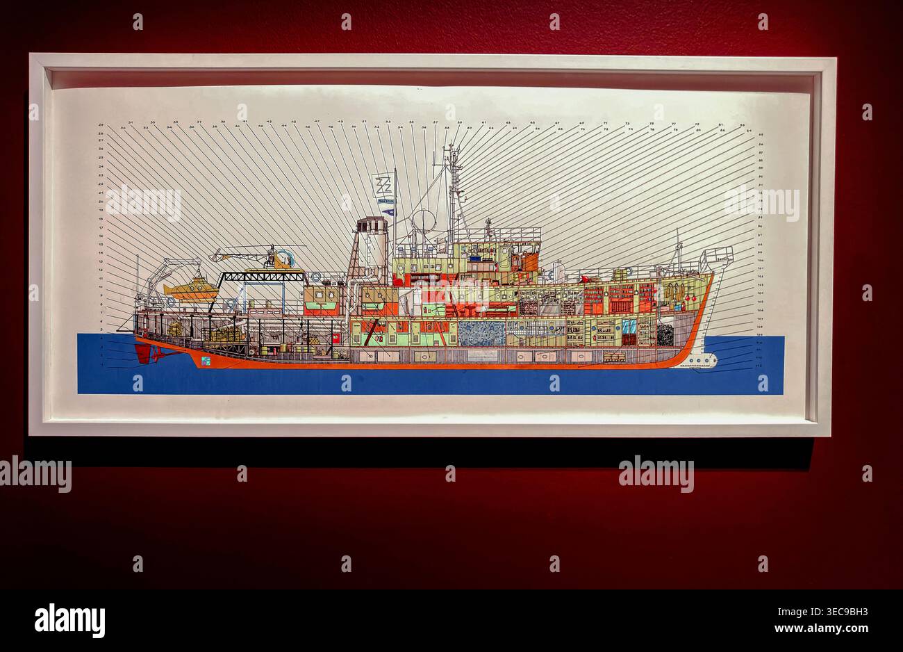 Concept art raffigurante un design per il Belafonte, barca utilizzata in Life Aquatic con Steve Zissou alla Wes Anderson Exhibition al Design Museum Foto Stock