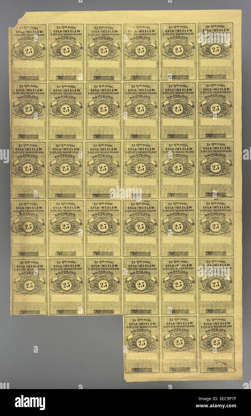 Sola cambiale per 25 kopeck. Foglio monofacciale con 33 cambiali al portatore per 25 copelli in argento. Iscrizione: "Per questa mia // sola - CAMBIALE // PAGHERÒ AL PORTATORE // KOPIECES // VENTICINQUE // in qualsiasi momento solo in rubli bancari." Carta gialla, stampa in nero. 1863. Polonia. Sicurezza (cambiale). Dimensioni: 314 mm x 500 mm. Categorie: Governo nazionale; titoli; rivolta di gennaio (1863-1864); cambiali; Regno di Polonia (1815-1918). Grande foglio di carta rettangolare ingiallita stampato con una griglia di piccole etichette rettangolari, disposte in Foto Stock