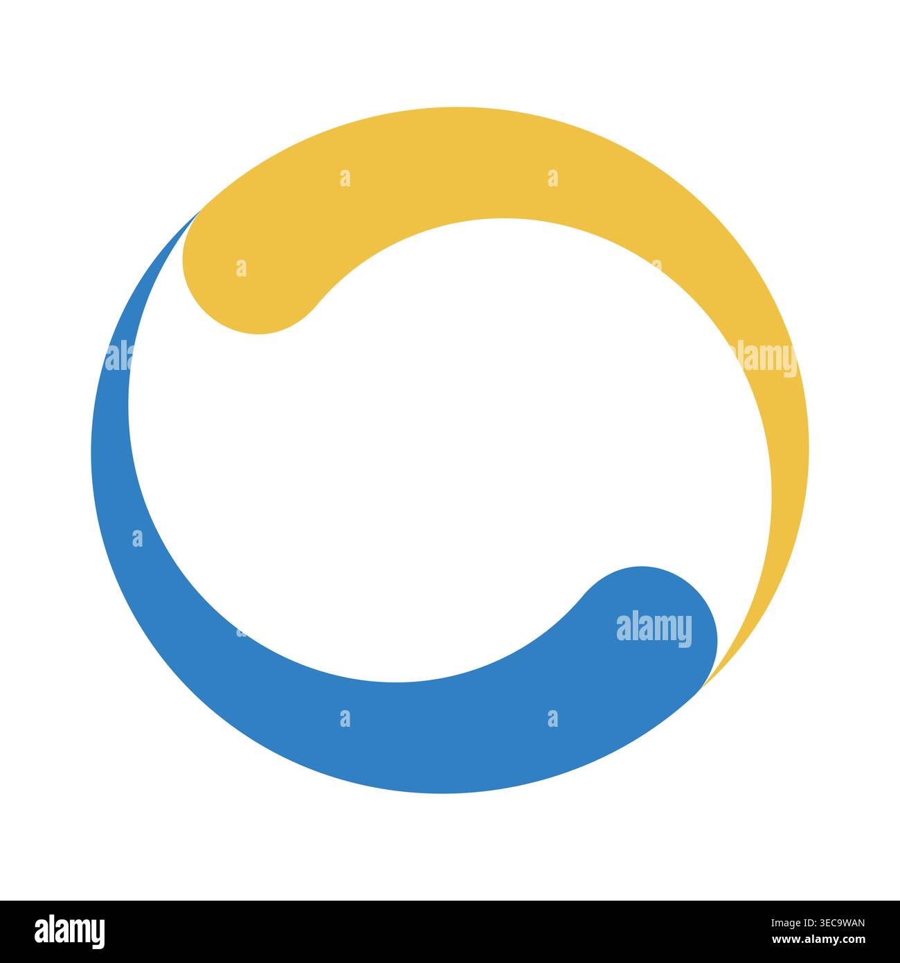 Logo circolare astratto a vortice, bilanciamento dinamico, design curvo giallo-blu Illustrazione Vettoriale