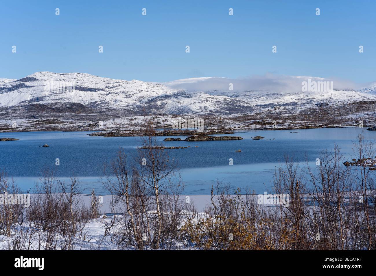 Lago Tornetrask e montagne innevate nel Parco Nazionale di Abisko, Svezia Foto Stock