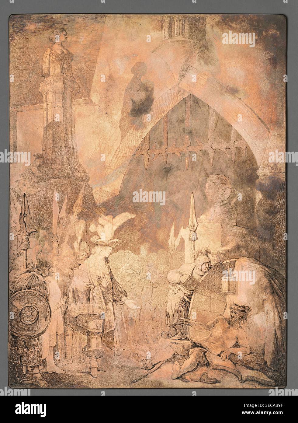 Alessandro Magno prima di Diogene, Norblino de la Gourdaine, Jean Pierre (1745–1830), artista grafico; raffigura Diogene di Sinope (circa 412–323 a.C.) e Alessandro III il grande (re di Macedonia; 356–323 a.C.) — iconografia: Gruppo e leggendaria scena di filosofo e sovrano con soldati, libri, lampade e porte della città. Stile franco-polacco; Norblin fu influenzato dalle qualità pittoriche e dalle incisioni di Rembrandt, trasformandoli liberamente in pastelli su temi biblici e storici. Ha raffigurato l'incontro in un ambiente architettonico medievale e ha vestito figure in costume del XVII secolo. Foto Stock