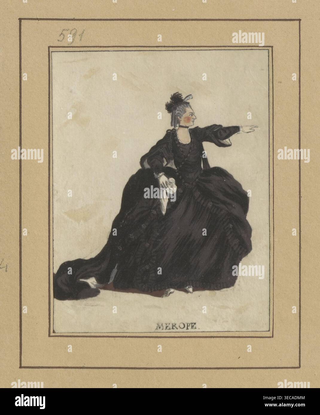 Attrice nel ruolo di Merope; disegnatore Janinet, Jean-Francois (1752-1814); oggetto: Attrici, teatro; legato al Mérope di Voltaire (1694-1778); studi figurativi; artista associato Levacher de Charnois, Jean-Charles (1750?-1792), dopo il 1788; Francia; disegno; altezza 8,6 cm, larghezza 6,8 cm., illustrazione incorniciata di una persona in un voluminoso abito scuro seduto con un braccio allungato, con un capo con piume e un volant di colore chiaro al collo, l'abito mostra pieghe e ombreggiature scure testurizzate; la figura ha un volto chiaro con guancia visibile e capelli chiari, e contiene una luce Foto Stock