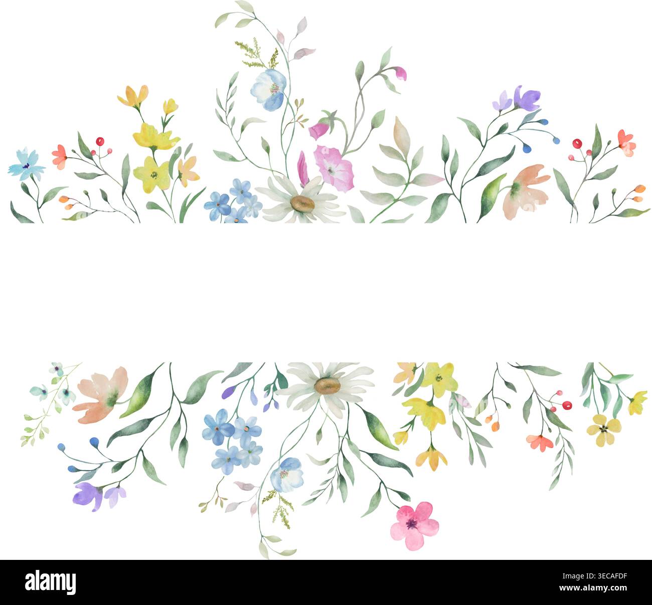 Cornice di sfondo con cornice d'angolo con fiori selvatici ad acquerello e spazio di copia. Illustrazione del prato botanico con margherite, fiori blu e foglie verdi. Illustrazione Vettoriale