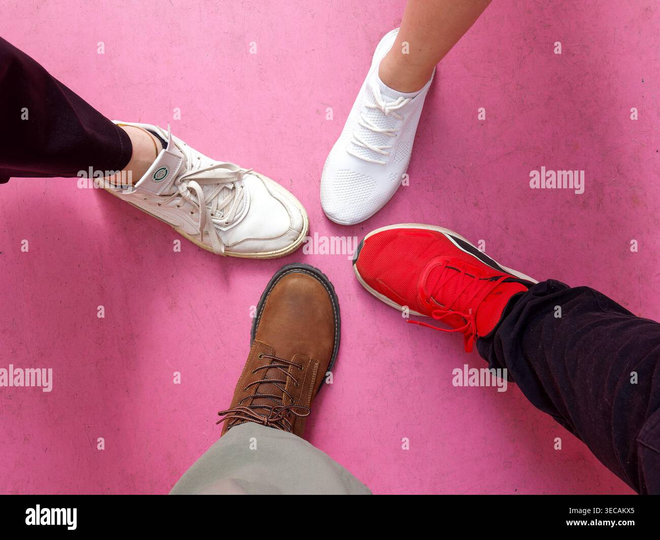 Vista dall'alto delle persone in cerchio che indossano scarpe diverse su uno sfondo rosa, che rappresentano lo stile di vita e la diversità. Foto Stock