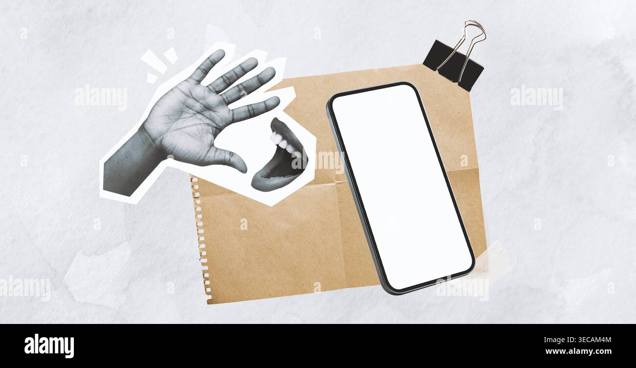 Collage creativo con smartphone, grafica a mano e grafica a bocca su sfondo cartaceo Foto Stock