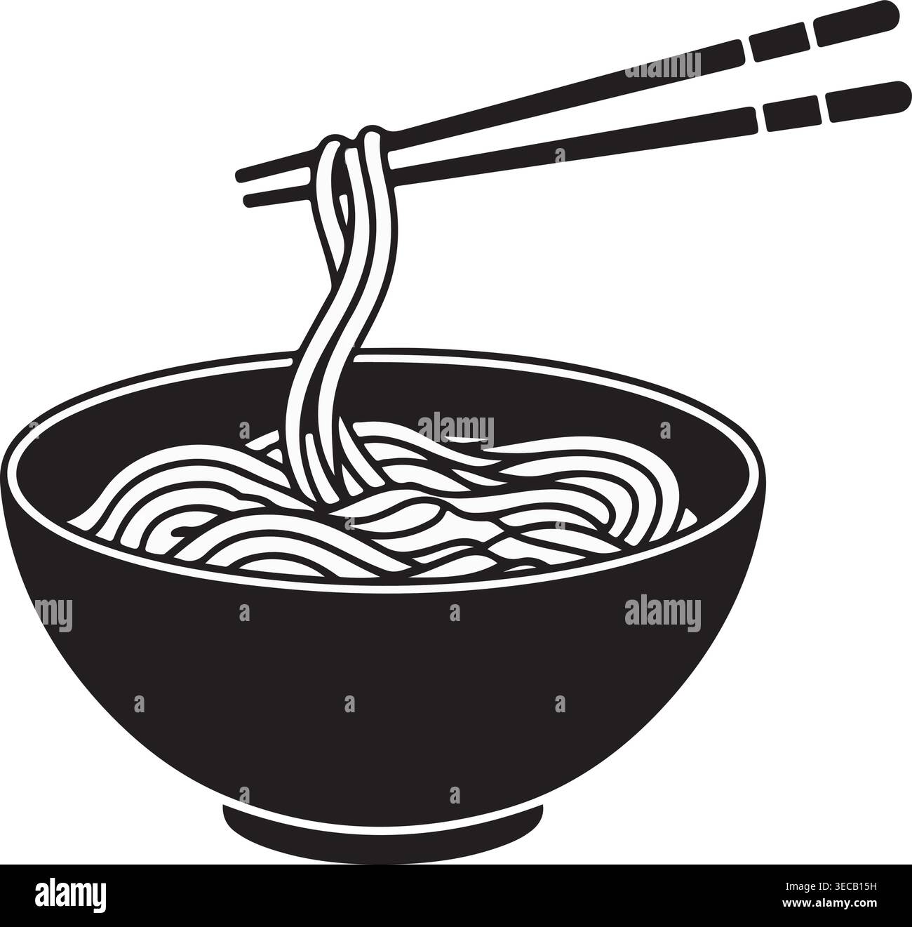 Illustrazione vettoriale minimalista in bianco e nero che raffigura una ciotola di spaghetti asiatici fumanti con bacchette che sollevano trefoli, ideale per temi culinari. Illustrazione Vettoriale